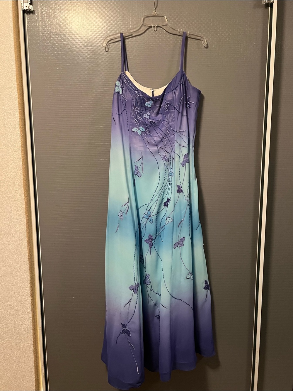 Ombre Lilac to Aqua Evening Gown with Floral Design